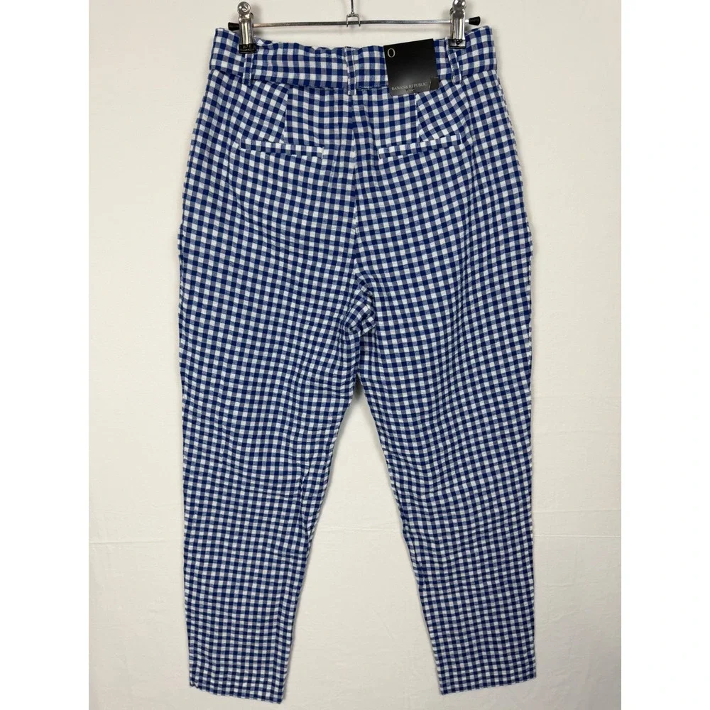 Banana Republic Women Cotton Linen Pants 0 Blue Gingham Tie Waist Tapered Leg
